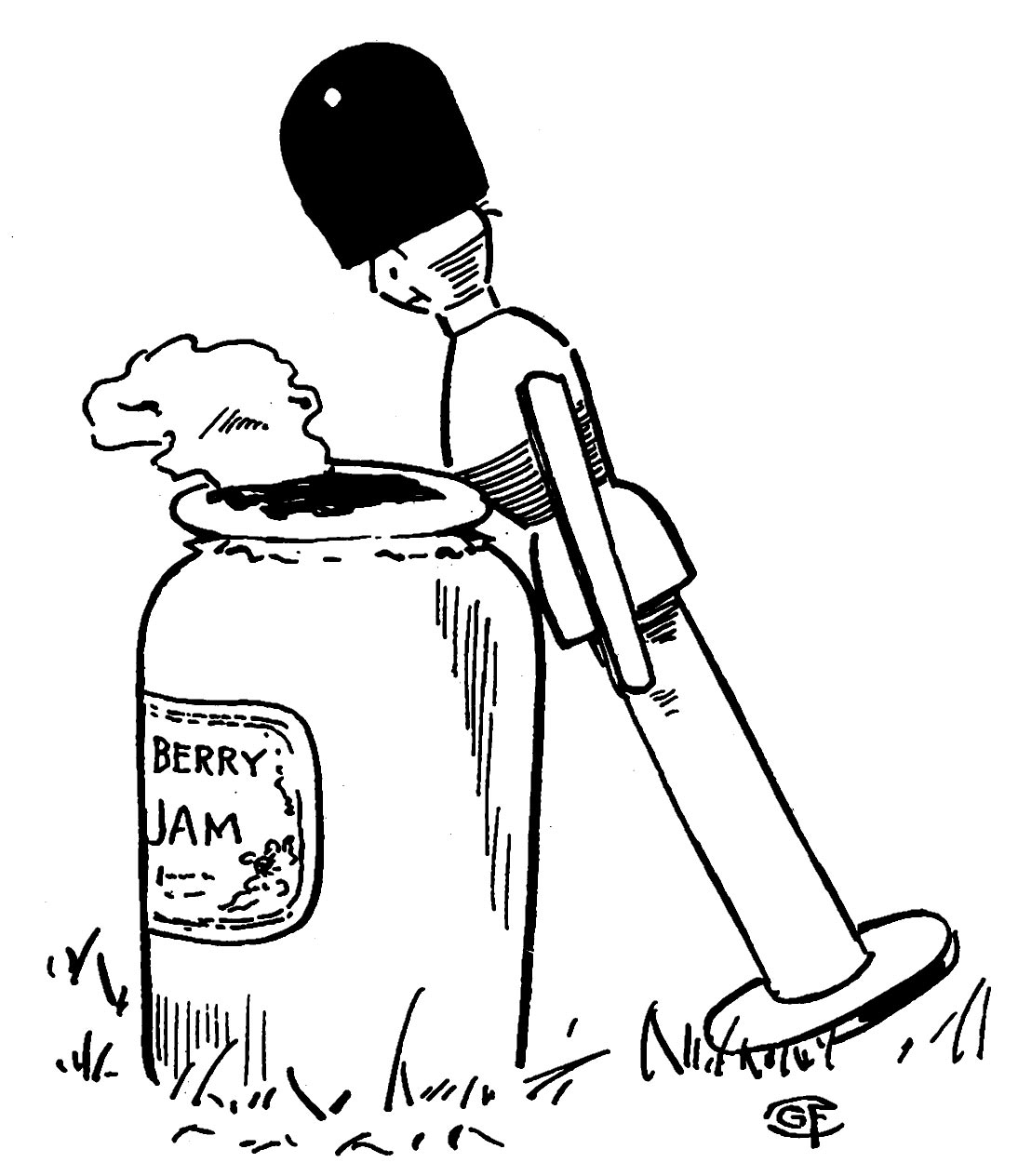 A toy solider
leans on the jam jar