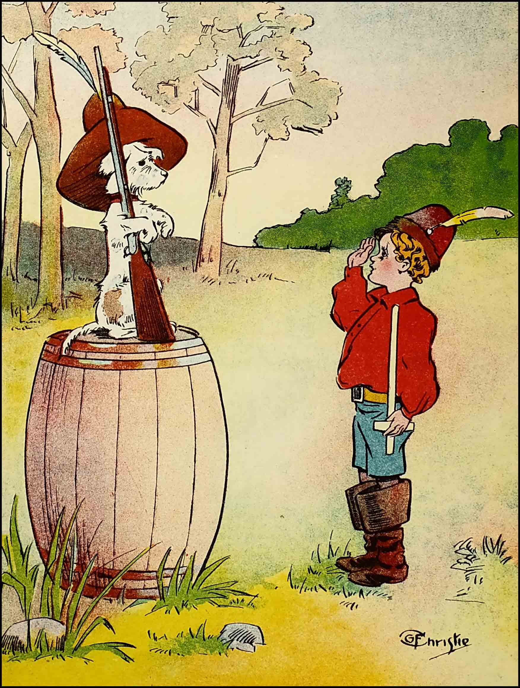 Rag sits upright
on a barrel, front paws holding the spade, as Dumpy salutes