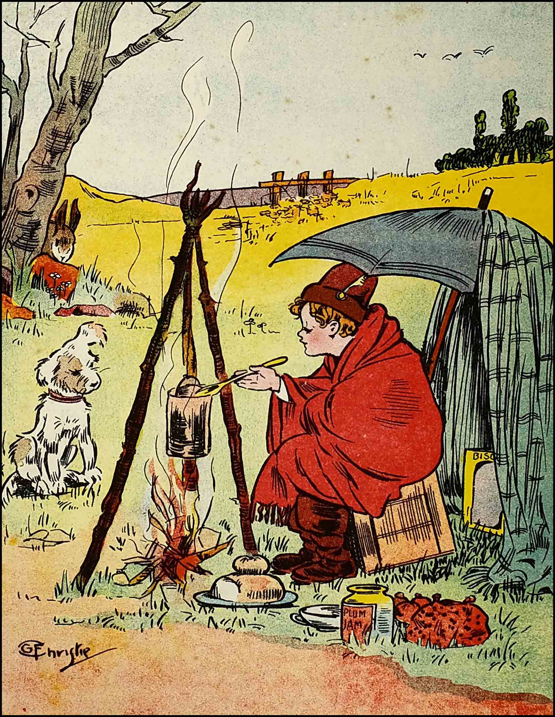 Dumpy sits
beside the camp fire and stirs the stew in the pot as Rag waits with one ear cocked