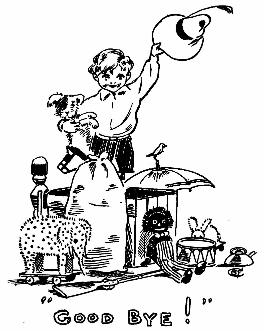 Dumpy holds Rag
in one hand, waving his hat in the other, surrounded by a soldier, the
elephant, and Golliwogg, while Bunny hides behind a drum