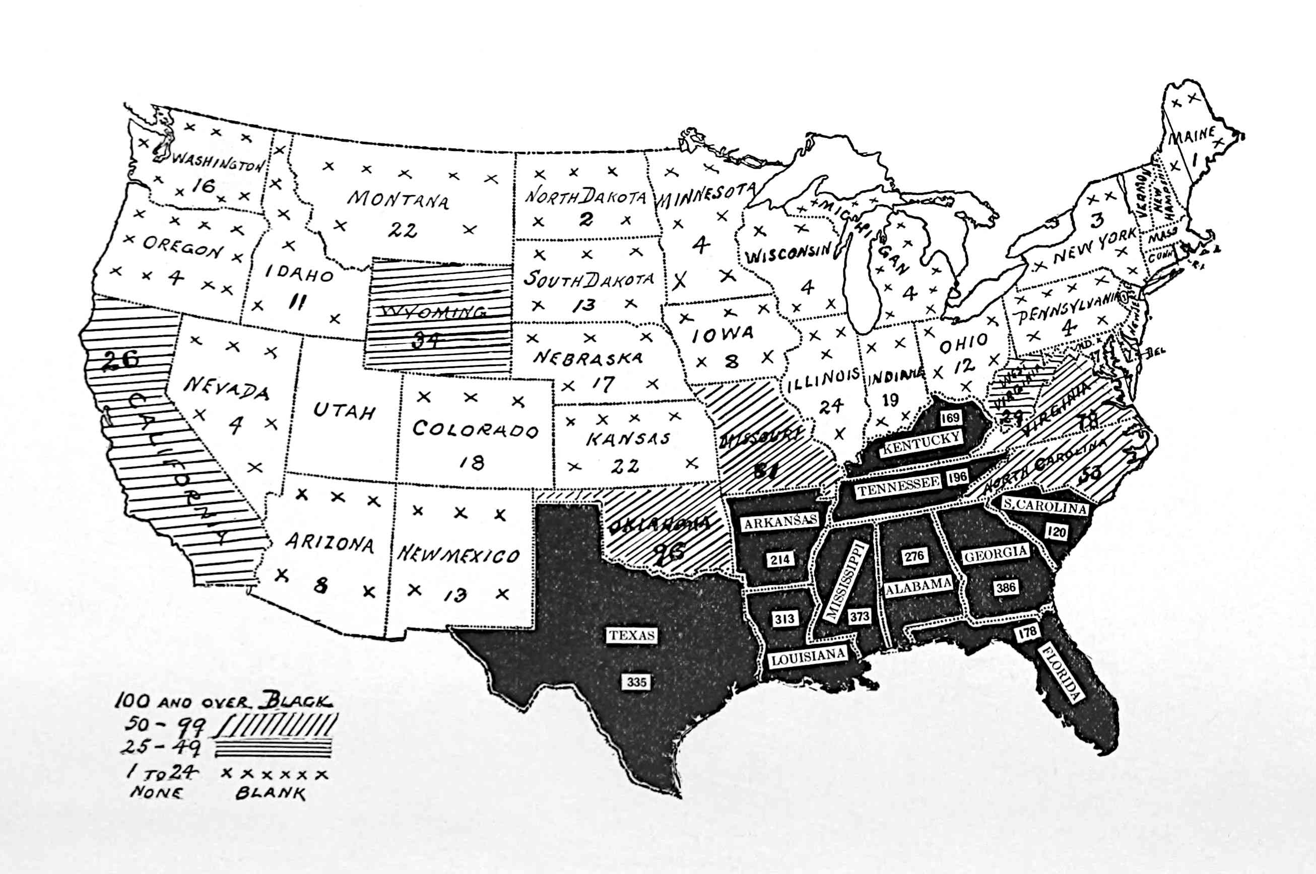 Labeled map of continental United States,
   with legend indicating: 100 and over: black, 50-99: diagonal lines, 25-49: horizontal lines,
   1-24: spaced x's, none, blank
