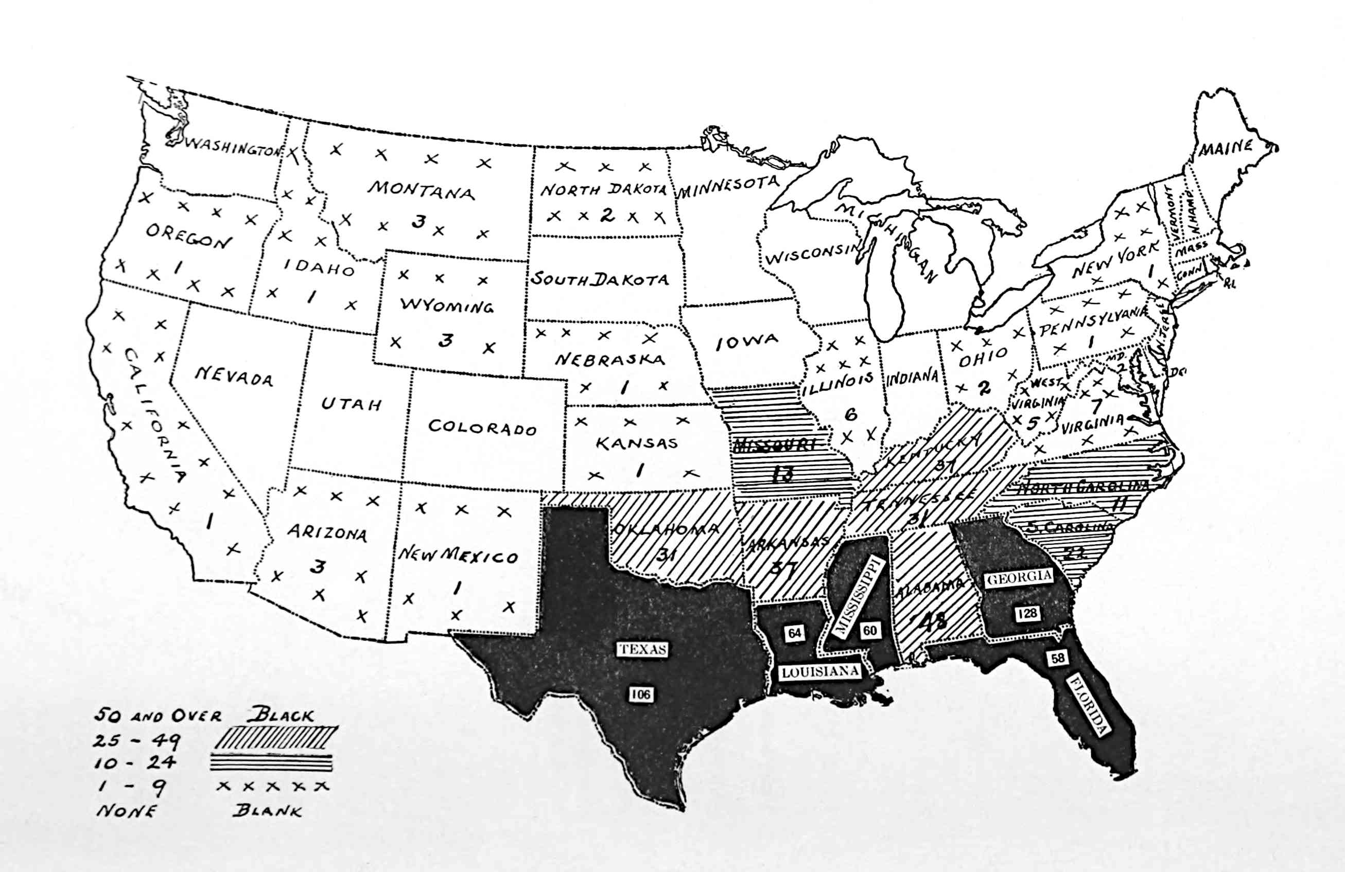 Labeled map of continental United States,
   with legend indicating: 50 and over: black, 25-49: diagonal lines, 10-24: horizontal lines,
   1-9: spaced x's, none, blank